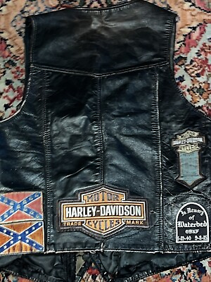 #ad VTG Harley Davidson Motorcycle Vest Black Leather Distressed Patches Mens Sm. $99.50
