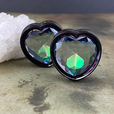 #ad Pair of Black Steel Heart Plugs with Aurora Borealis Gem PS 287 gauges $28.29