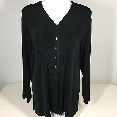 #ad Chicos Travelers Size 3 Shirt Black Knit Brown Trim Button Front Knit Top XL 16 $21.00
