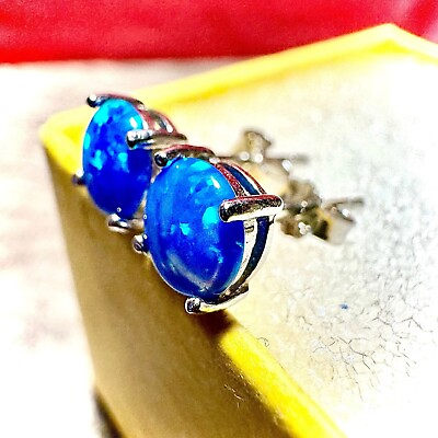 #ad Blue Fire Opal Stud Earrings Sterling Silver 925 6MM Stud Earrings for Women $14.38
