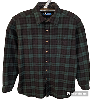 #ad PENDLETON Virgin Wool Button Up Shirt Jacket Womens Size LARGE Plaid Green Blue $28.00